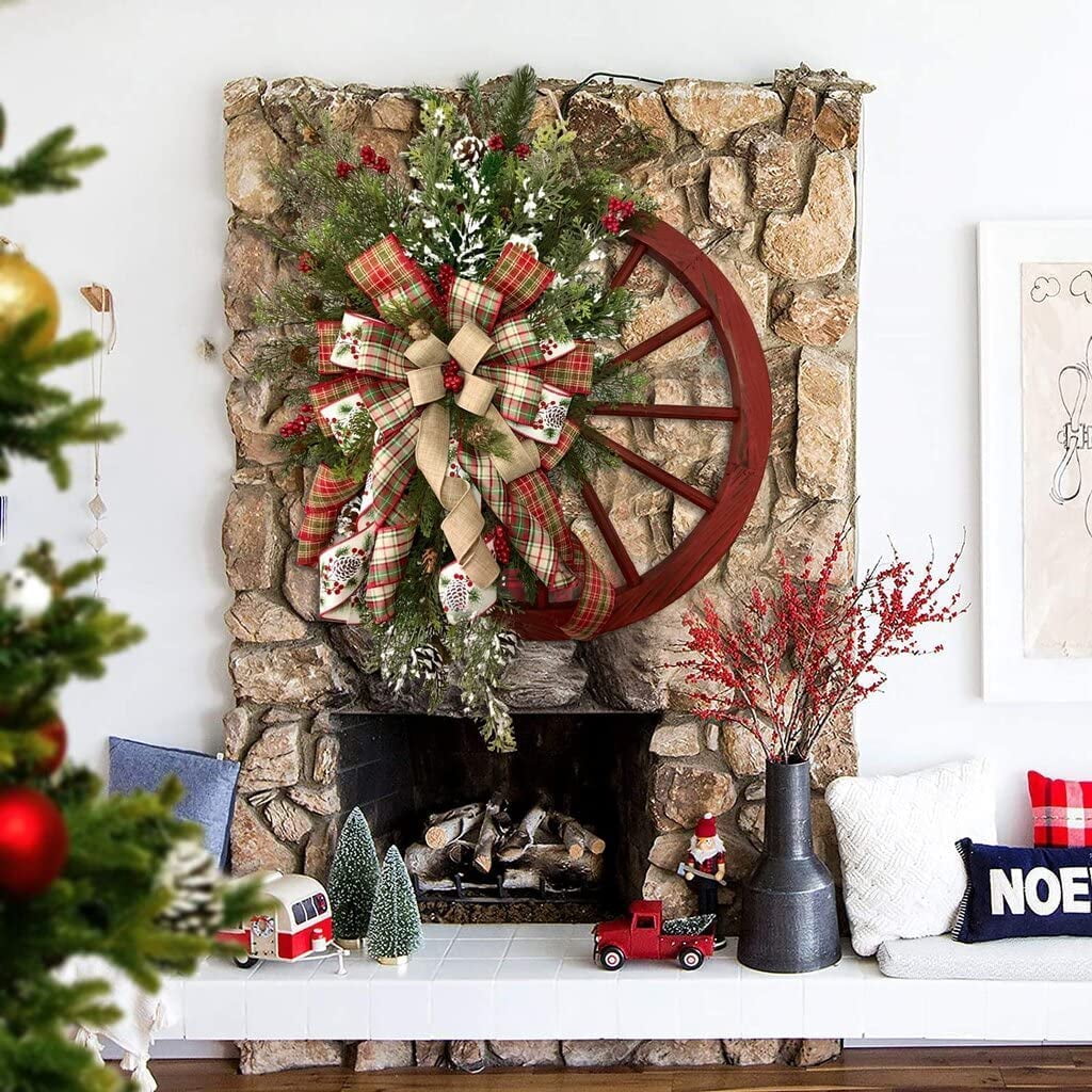Red Winter Wreath-Farmhouse Wagon Wheel Red Wagon Wheel Wreath Vintage Farmhouse Wreath Christmas Wreath for Front Door Holiday Wreath Winter Decorative Wreath